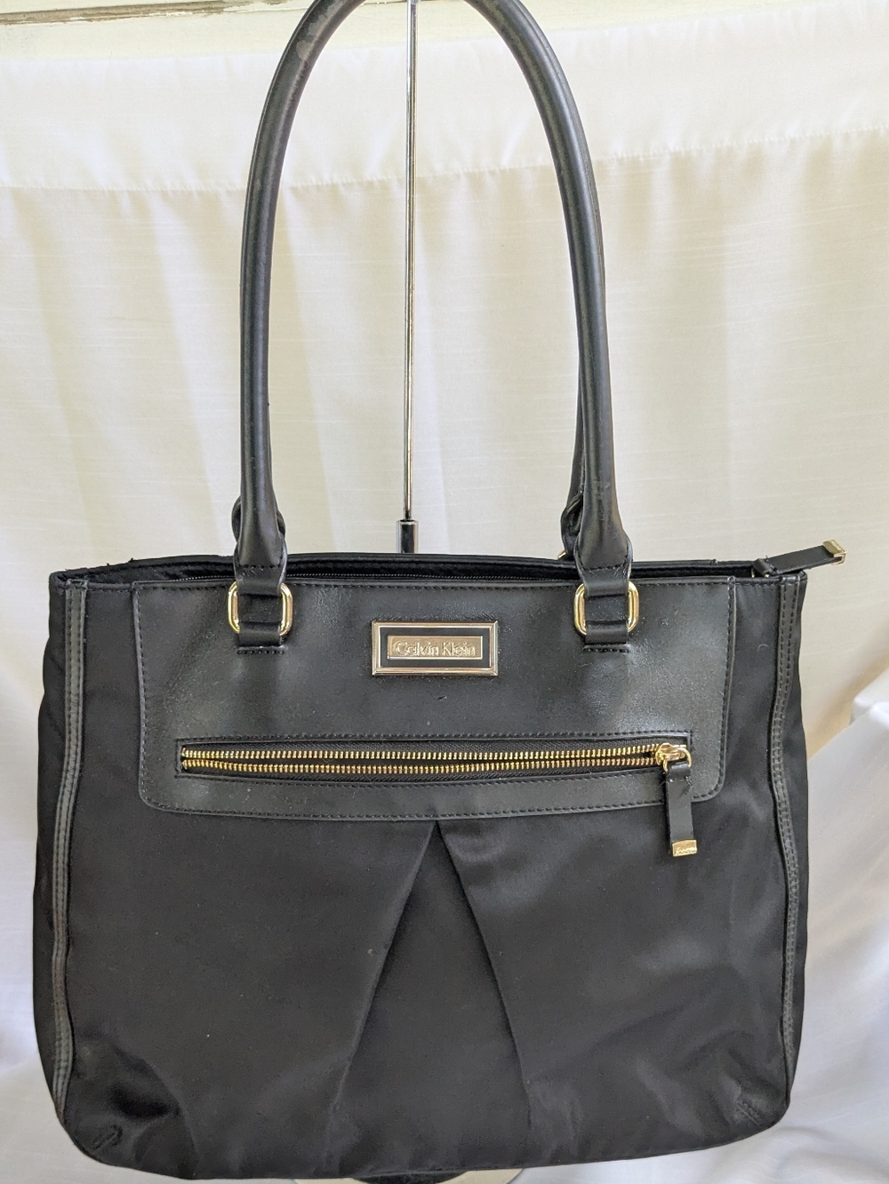 Calvin Klein Black Nylon Tote Gold Tone Accents with Front Zip Detail